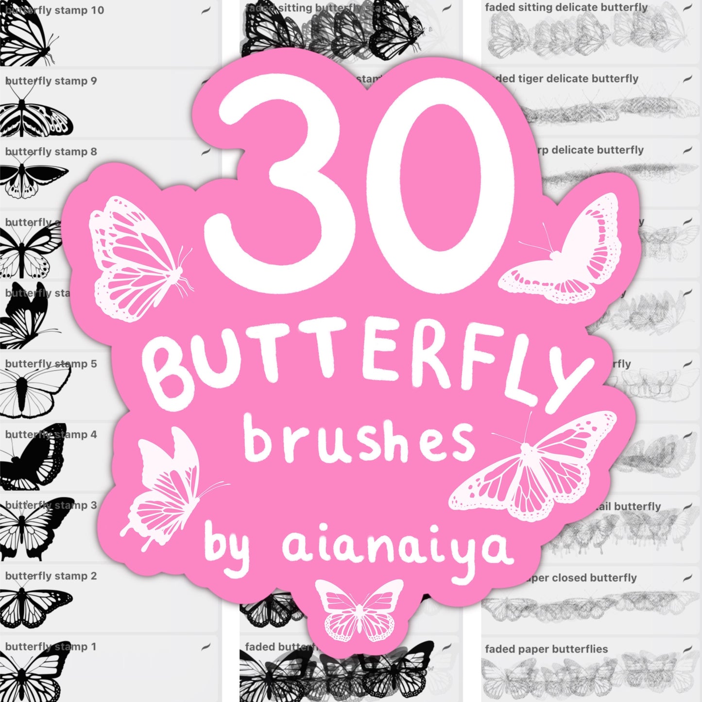 30+ butterfly stamp outline scatter procreate brushes, aianaiya, procreate, digital brushes, digital art, ipad art, digital artist tools