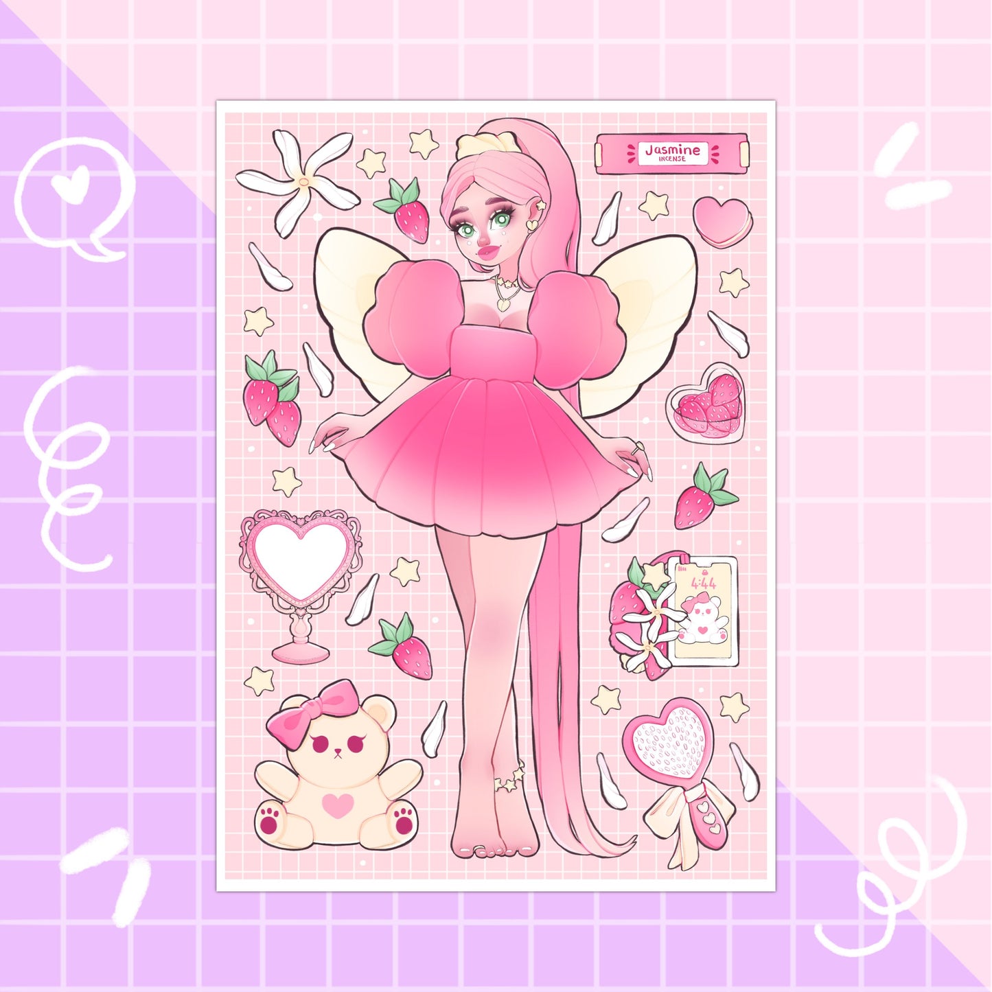 pink strawberry and jasmine trinkets fairy wall art print