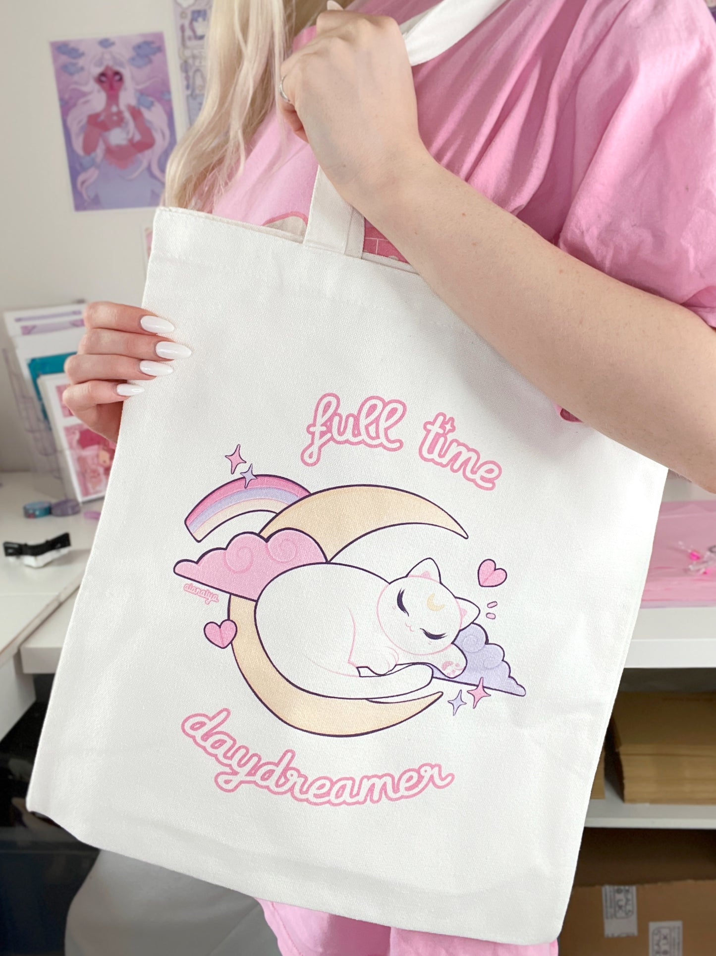 full time daydreamer cat tote bag