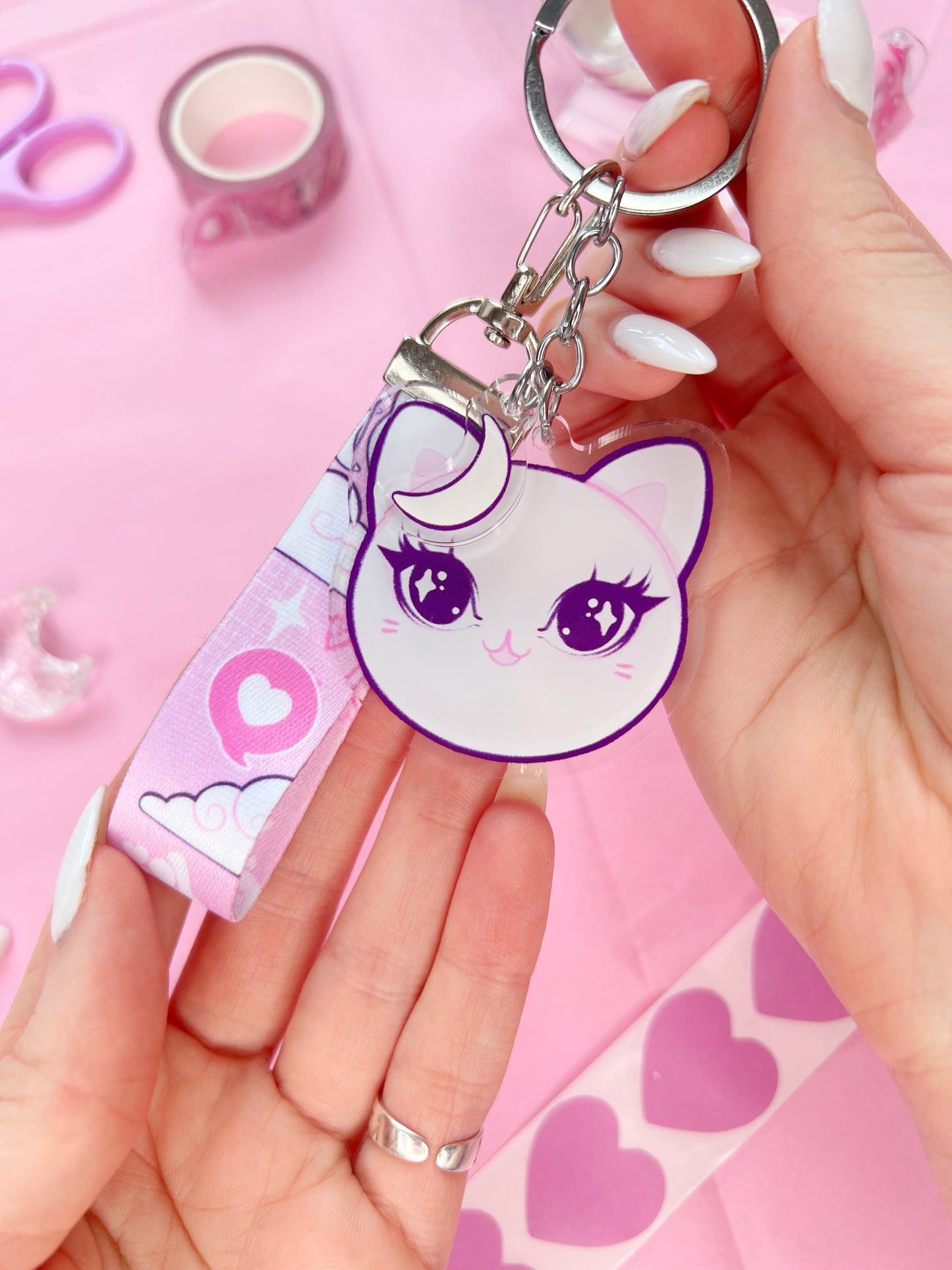 girl power cute cat lanyard keychain