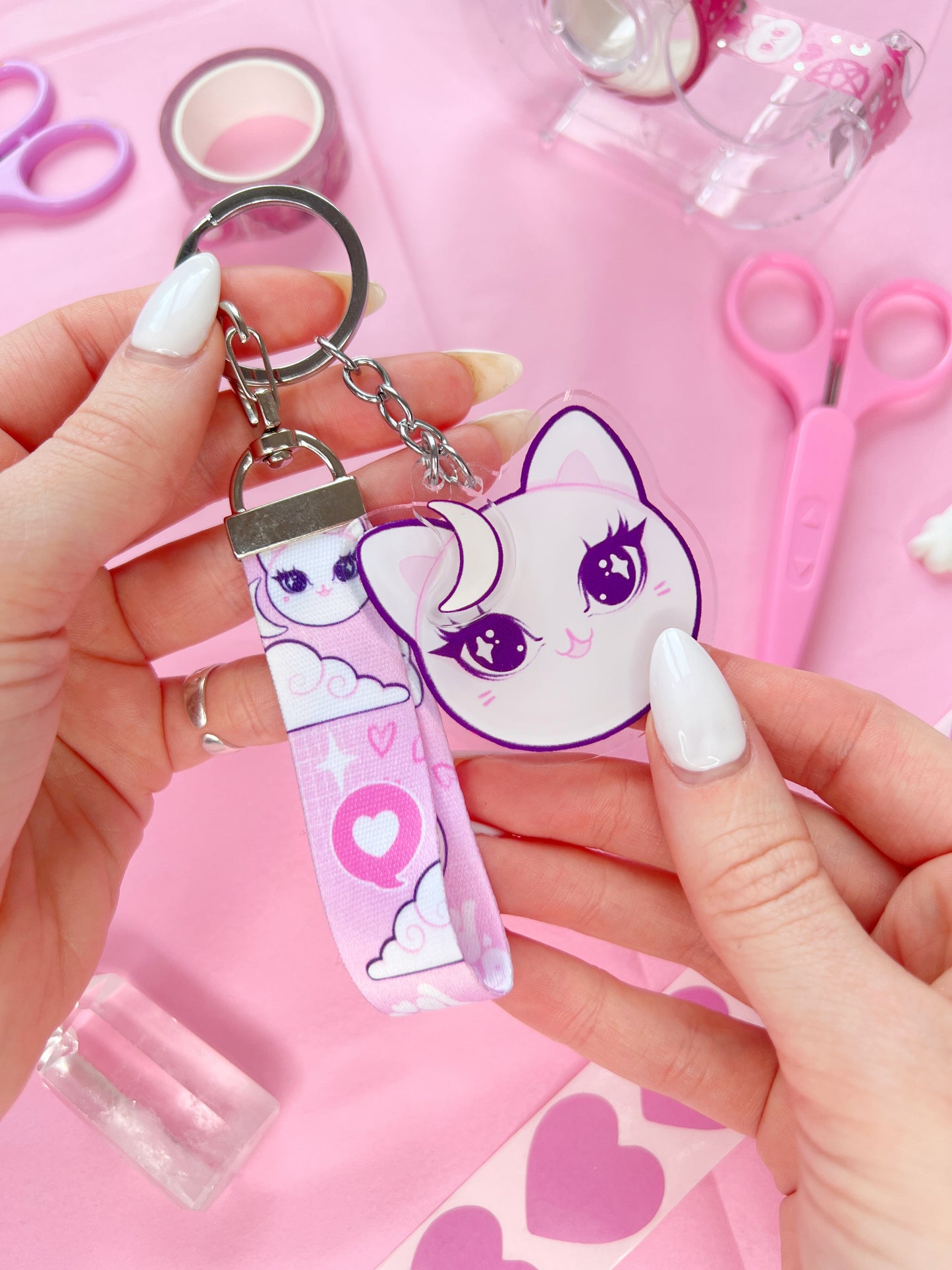 girl power cute cat lanyard keychain