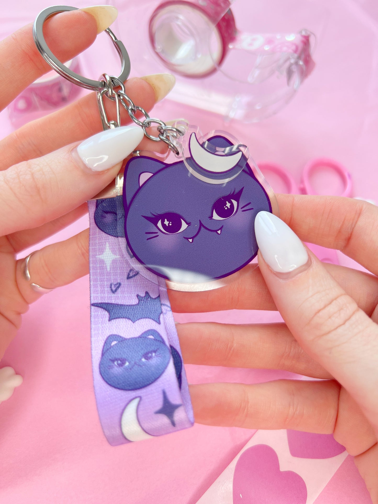 spooky vampire cat purple lanyard keychain