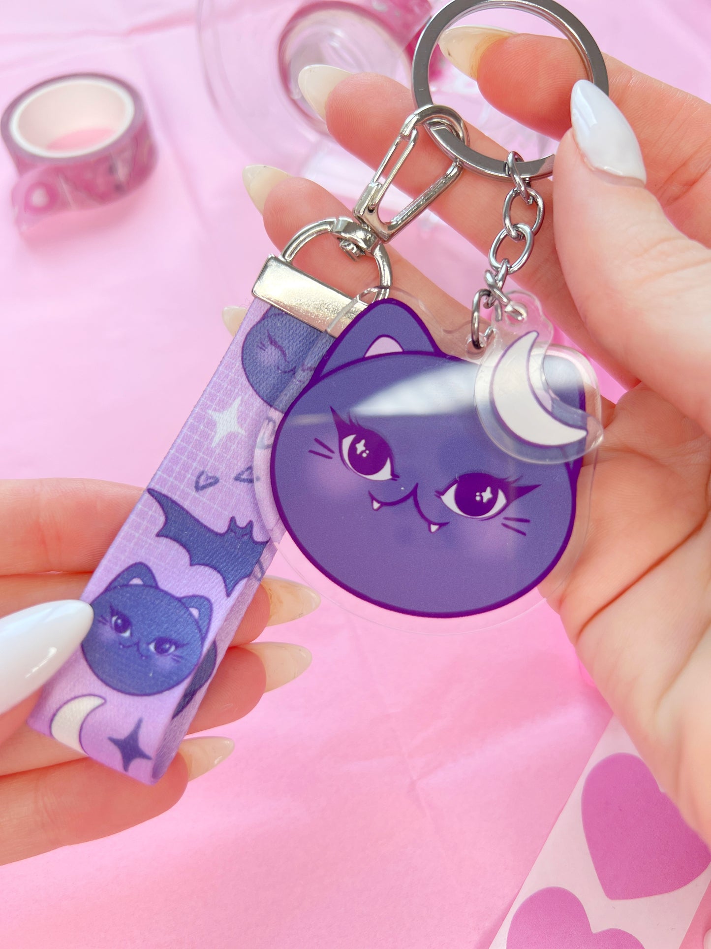 spooky vampire cat purple lanyard keychain