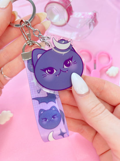 spooky vampire cat purple lanyard keychain