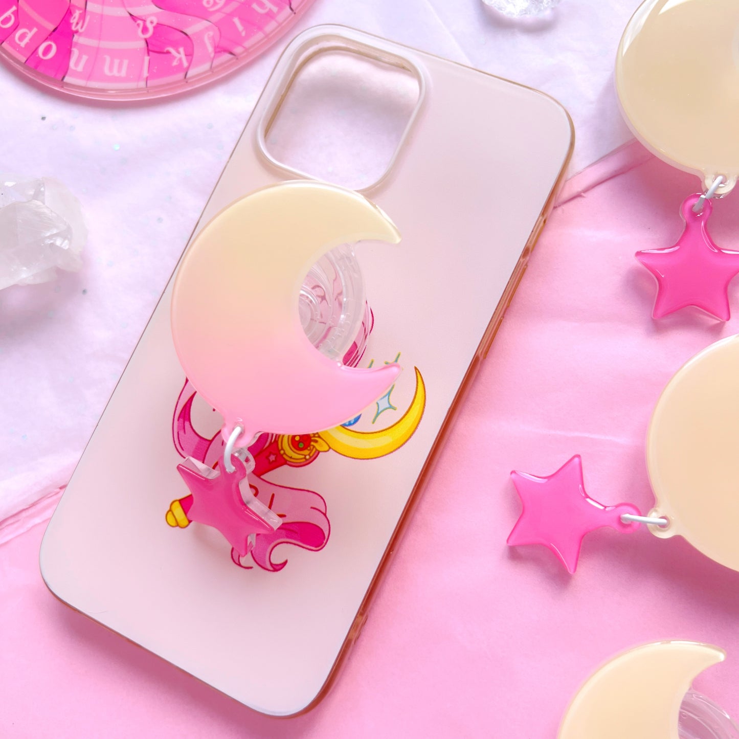 gradient pink and yellow moon charm phone grip