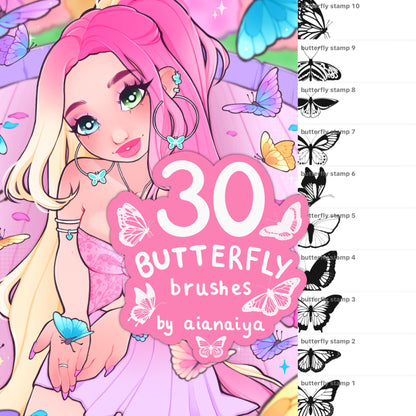 30+ butterfly stamp outline scatter procreate brushes, aianaiya, procreate, digital brushes, digital art, ipad art, digital artist tools