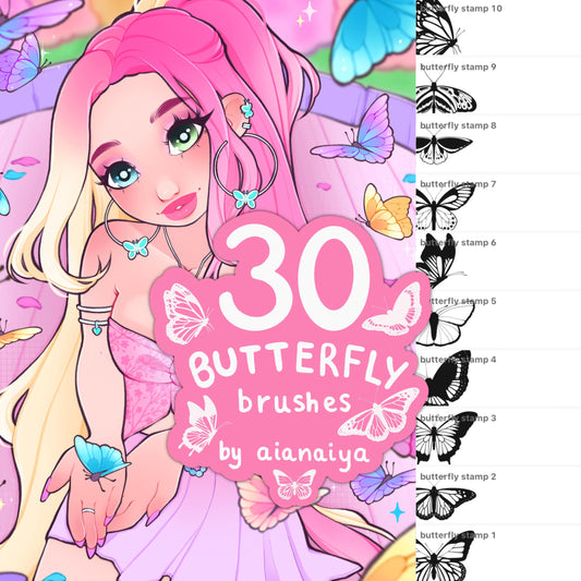 30+ butterfly stamp outline scatter procreate brushes, aianaiya, procreate, digital brushes, digital art, ipad art, digital artist tools