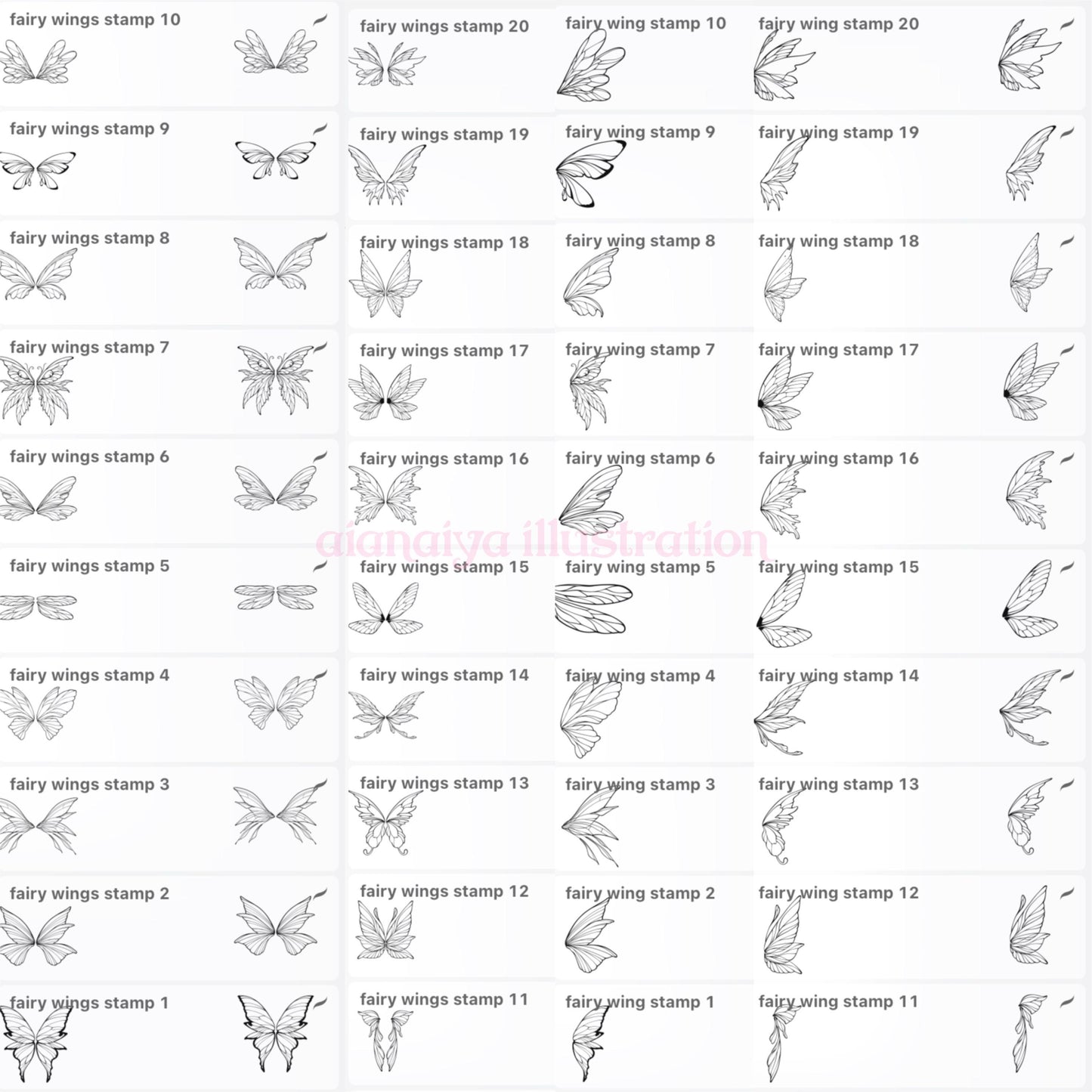 40 fairy wings stamp outline procreate brushes, aianaiya, procreate, digital brushes, digital art, ipad art, digital artist tools