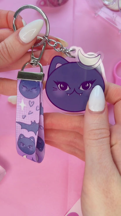 spooky vampire cat purple lanyard keychain