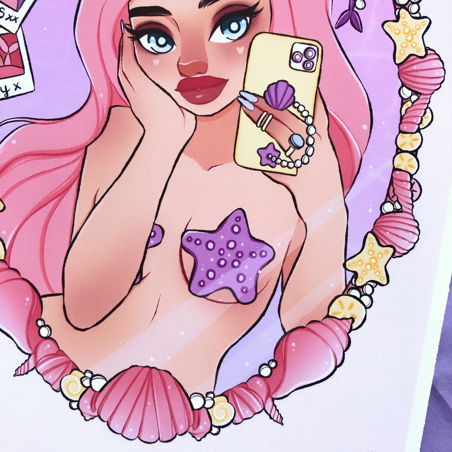 peach selfie mermaid wall art print