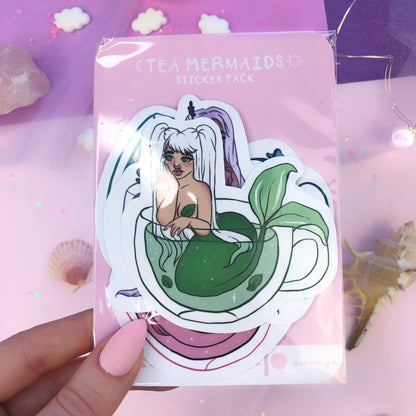 tea mermaids die cut sticker pack