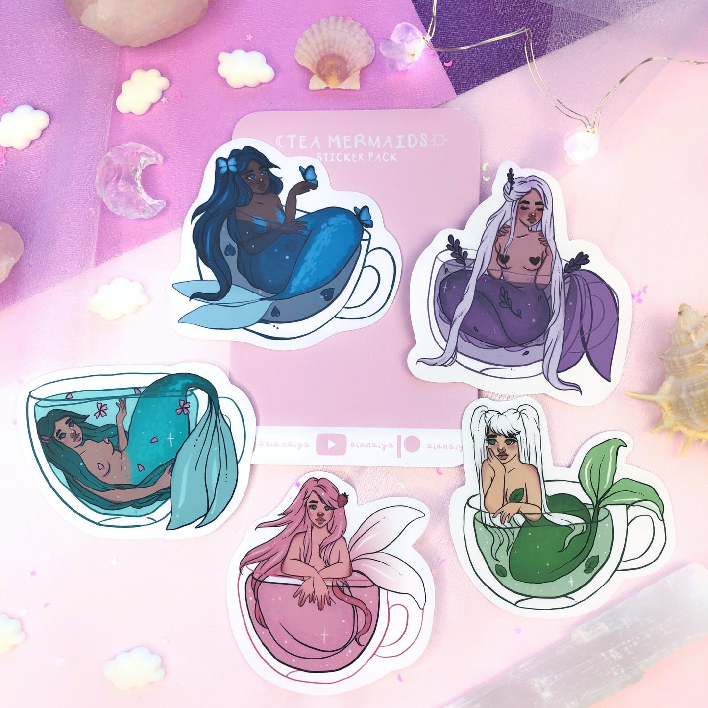 tea mermaids die cut sticker pack