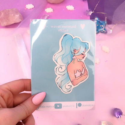 blue waves mermaid die cut sticker