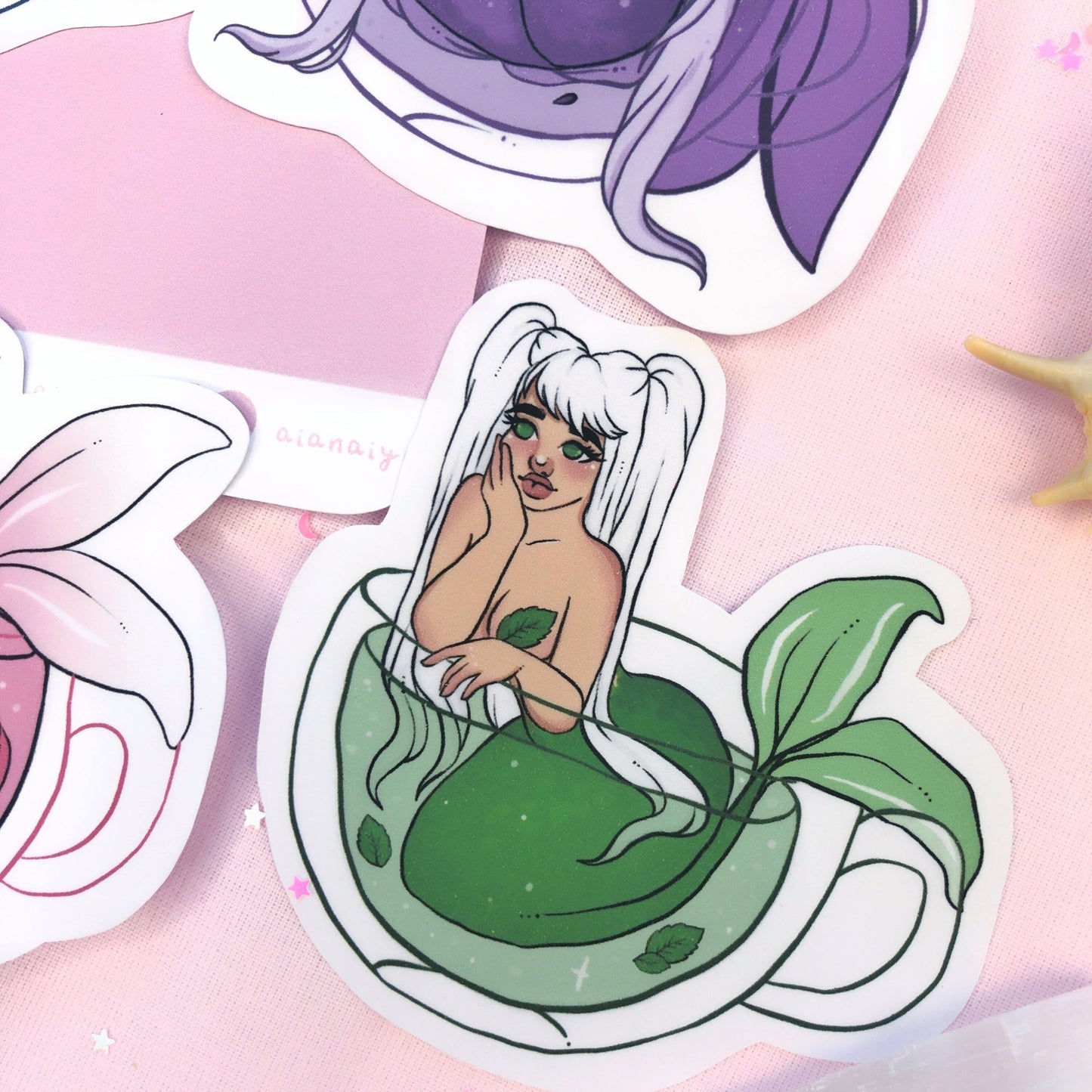 tea mermaids die cut sticker pack