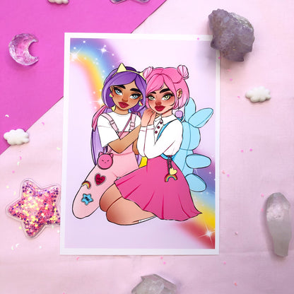 rainbow kawaii couple wall art print