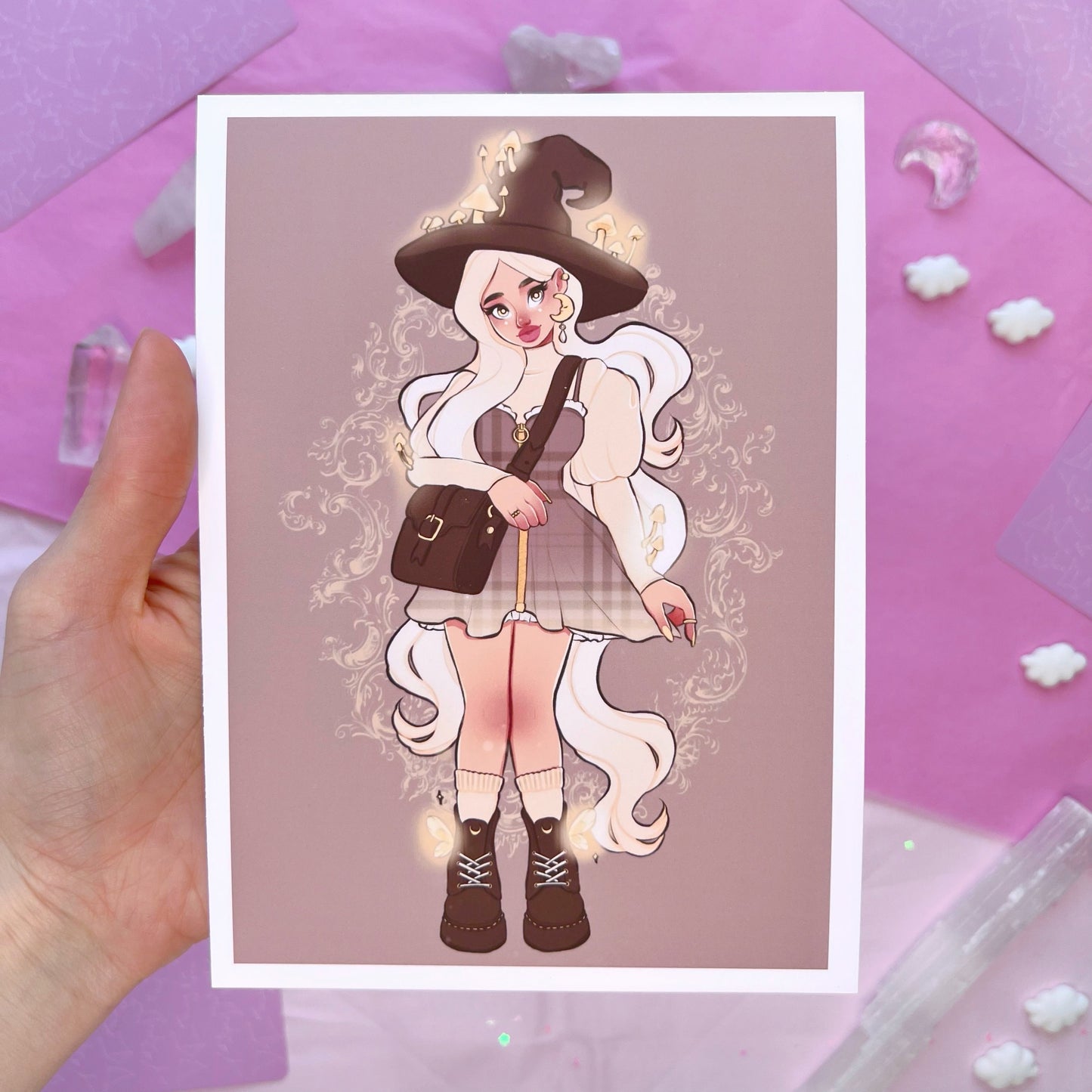 glowing mushroom witch wall art print