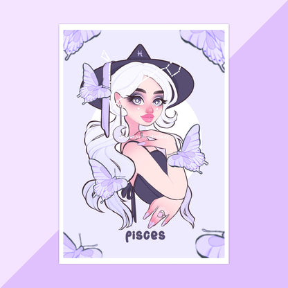 pisces zodiac witch wall art purple print