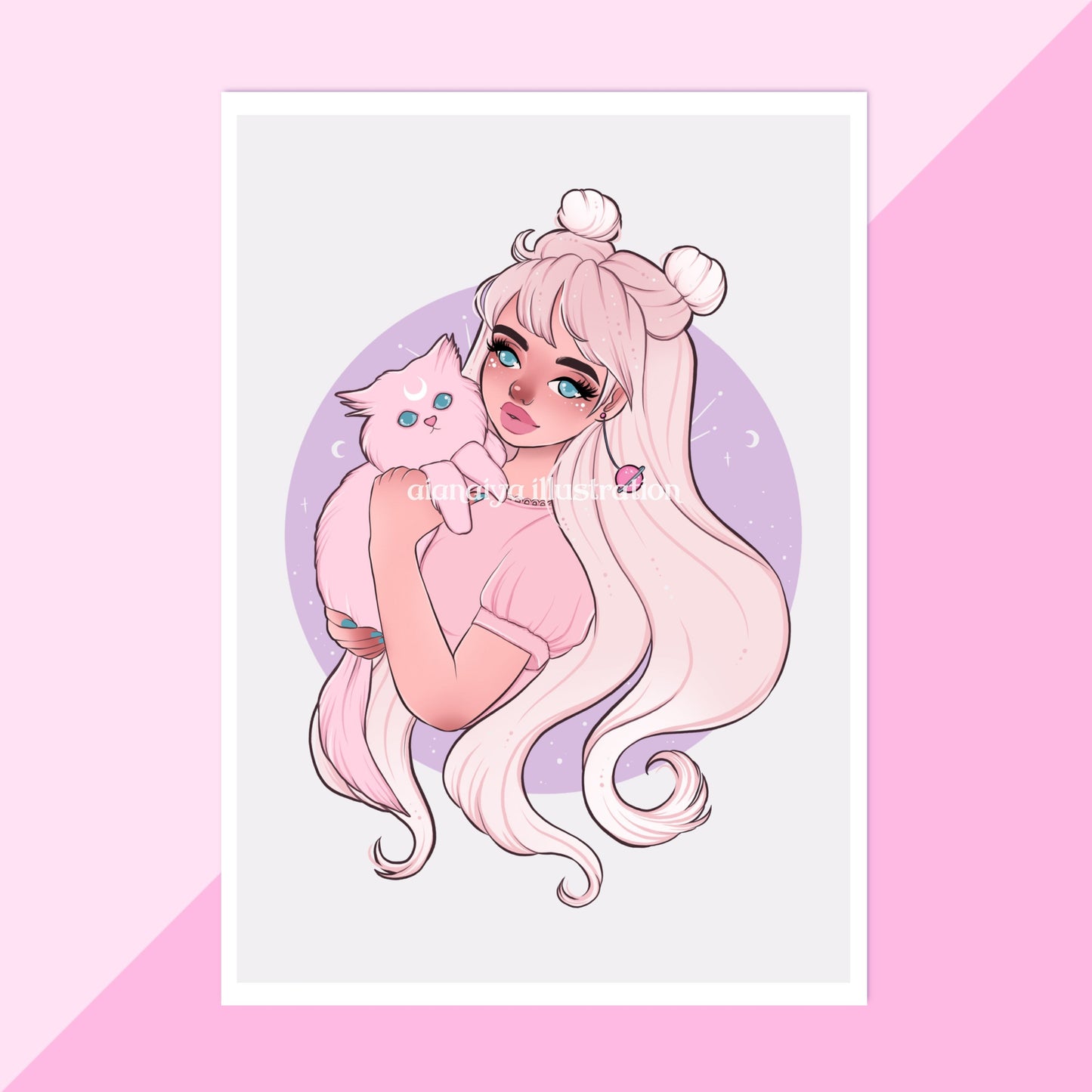 luna kitty and space girl pink wall art print