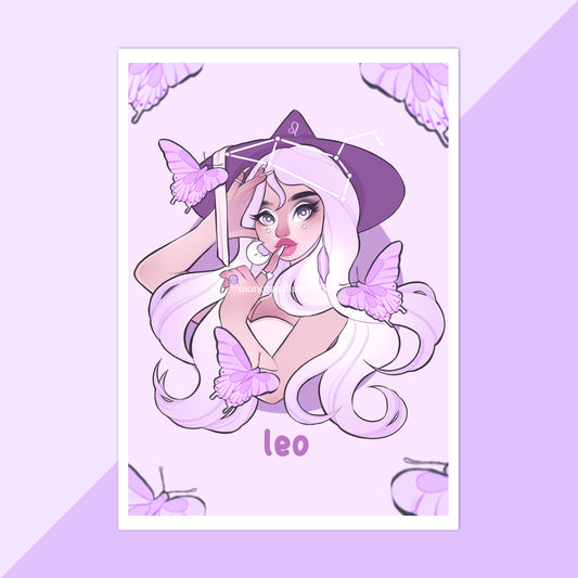 leo zodiac witch purple wall art print