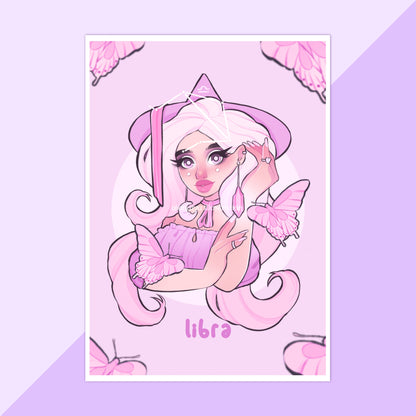 libra zodiac witch purple pink wall art print