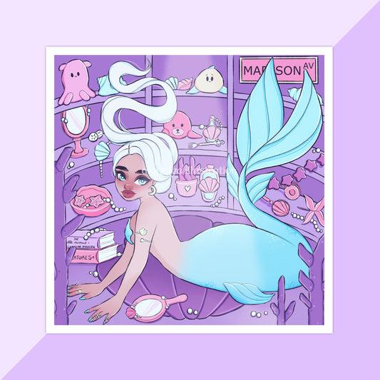 purple and blue trinkets mermaid square wall art print