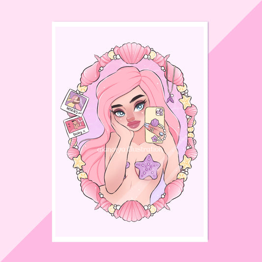 peach selfie mermaid wall art print