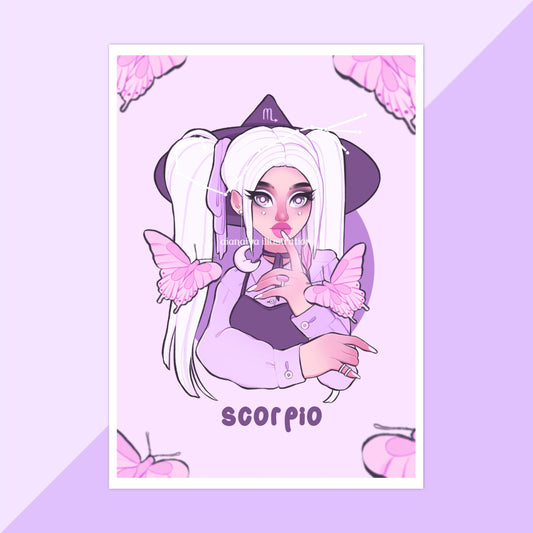 scorpio zodiac witch print, star sign prints, zodiac gifts, zodiac art, scorpio gifts, butterfly, butterflies, astrology wall art