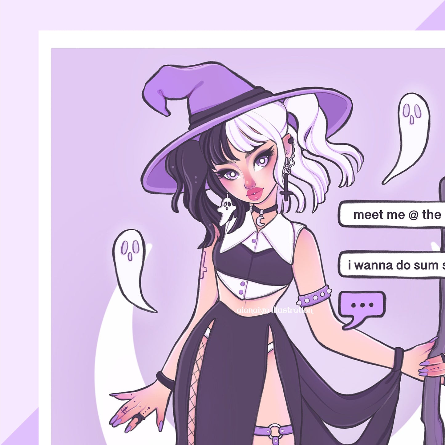 purple kawaii ghost witch wall art print