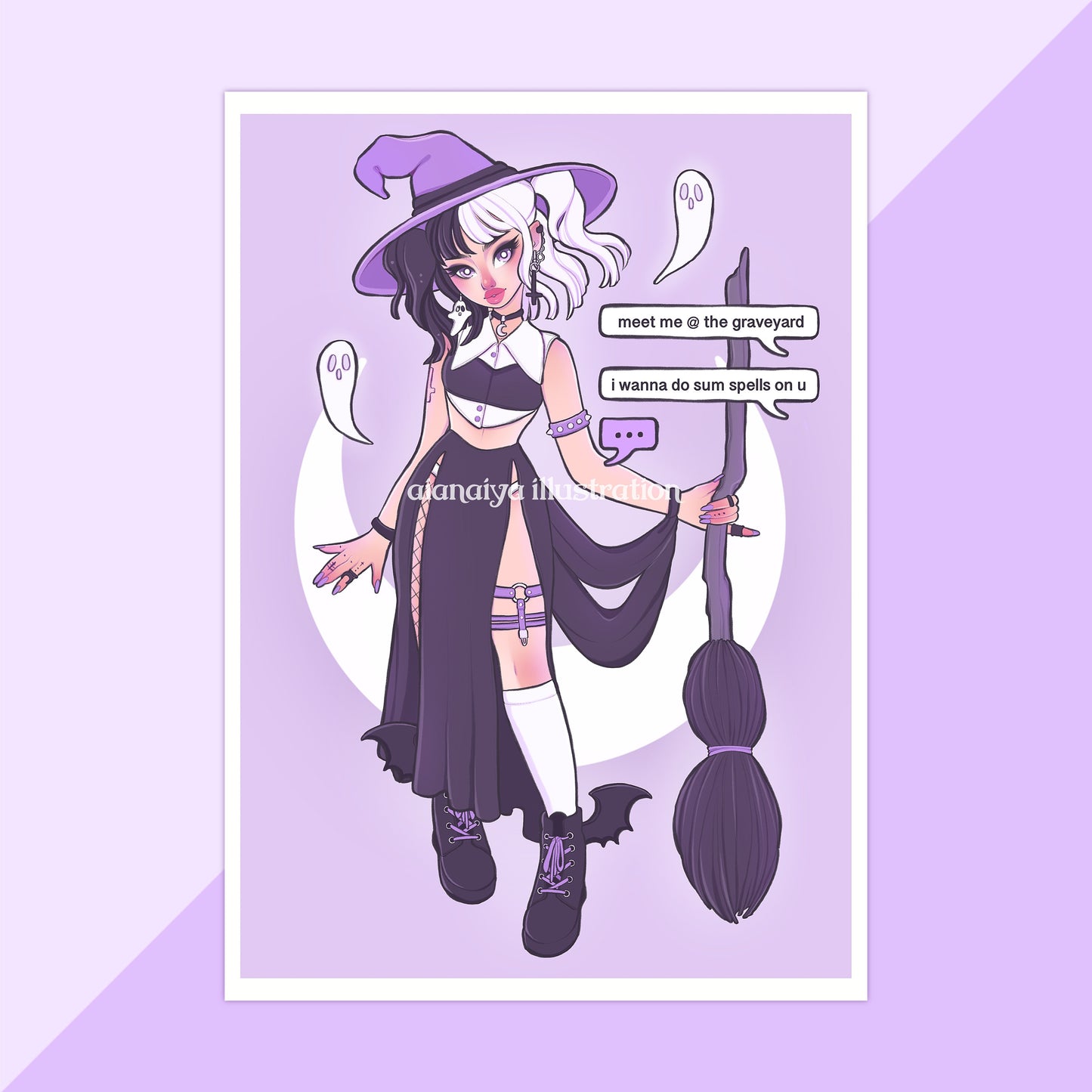 purple kawaii ghost witch wall art print