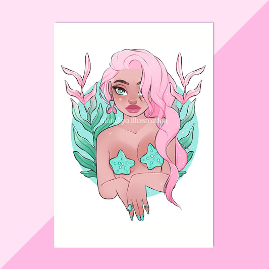 plant mermaid pink and green wall art print