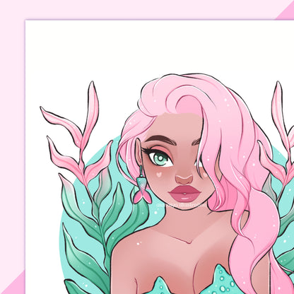 plant mermaid pink and green wall art print