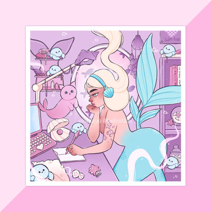 lofi mermaid square wall art print