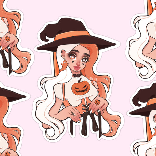 pumpkin witch orange die cut sticker flake