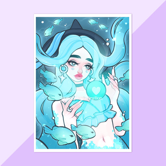 witchy mermaid glowing blue wall art print