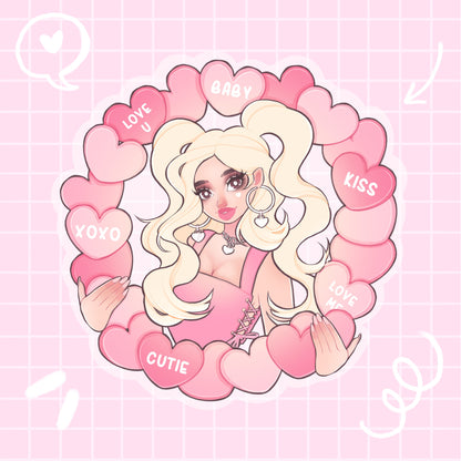 pink candy hearts girl clear sticker