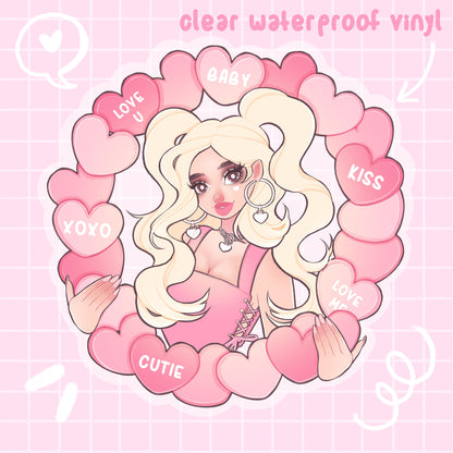 pink candy hearts girl clear sticker