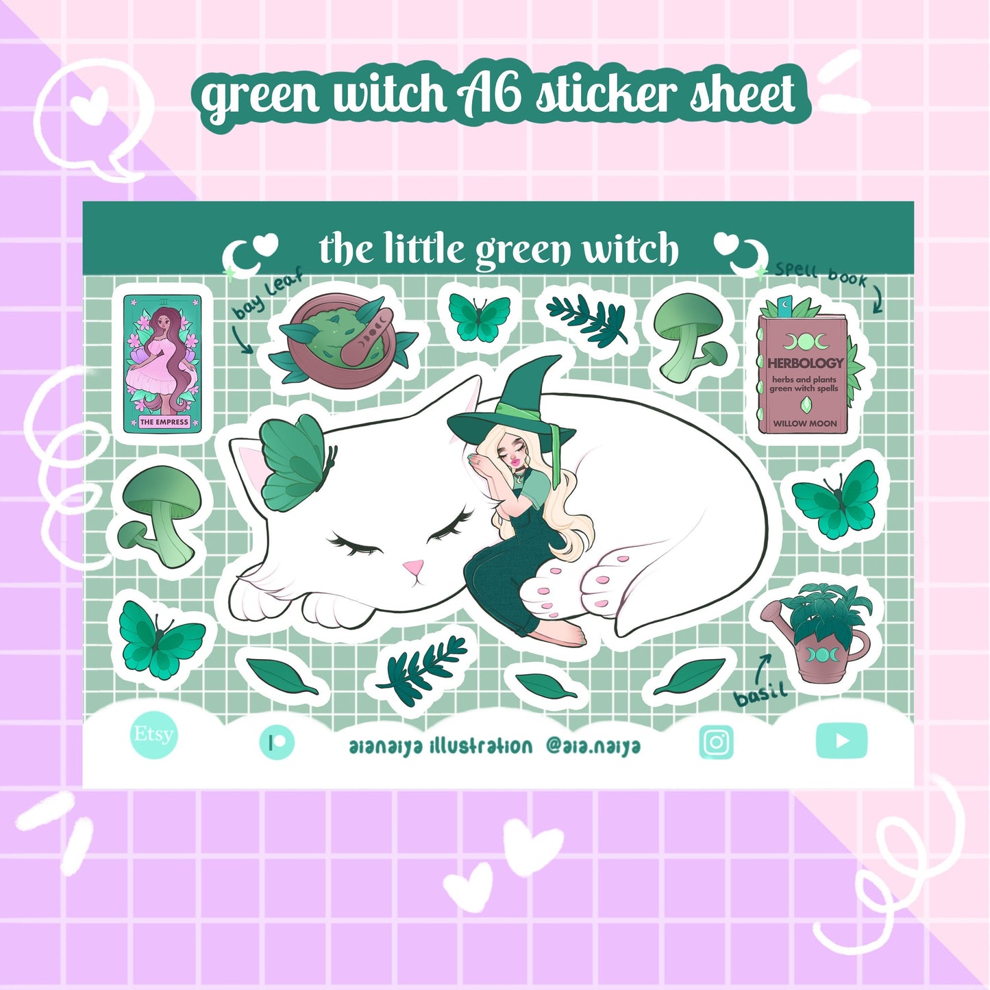 green witch and cat vinyl sticker sheet