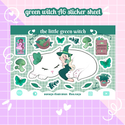 green witch and cat vinyl sticker sheet