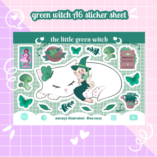 green witch and cat vinyl sticker sheet