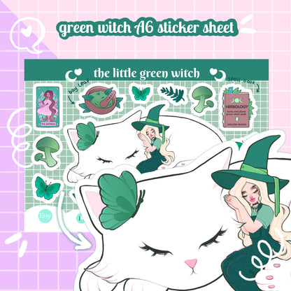 green witch and cat vinyl sticker sheet