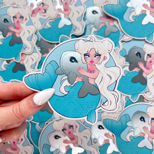 blue chibi and fishy mermaid mirror vinyl sticker