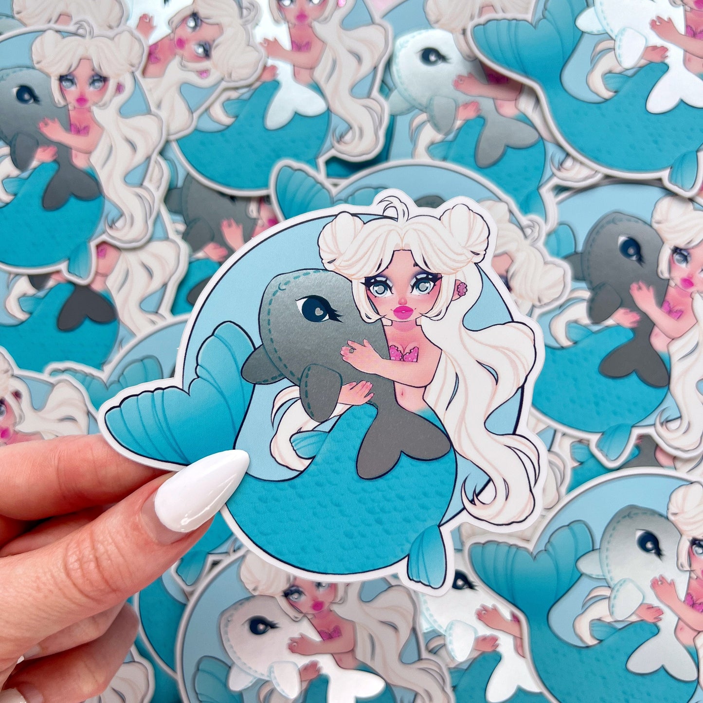 blue chibi and fishy mermaid mirror vinyl sticker