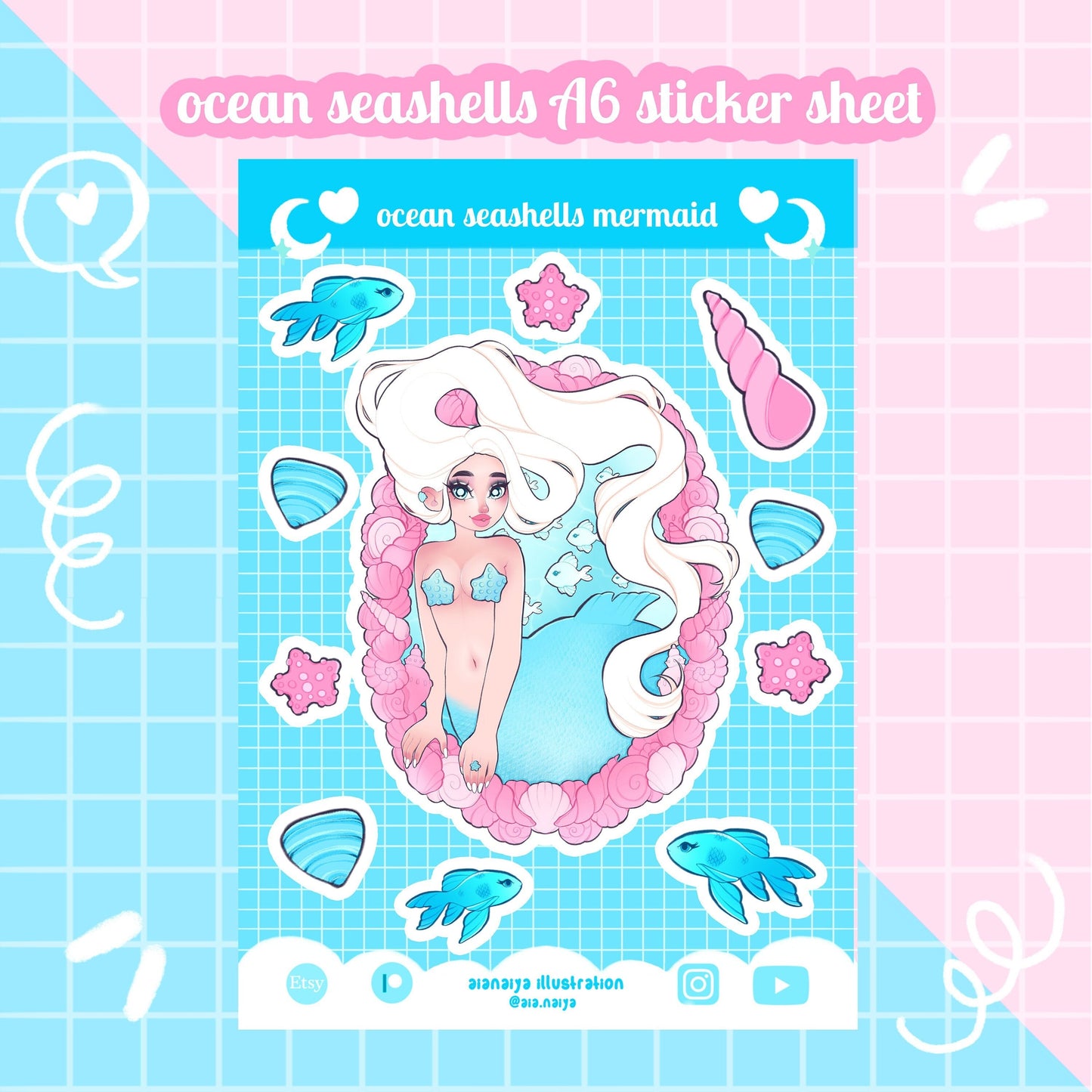 cute seashell mermaid vinyl sticker sheet