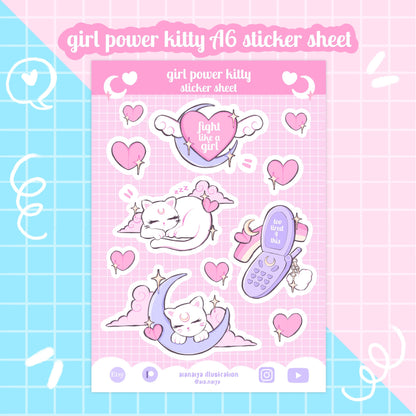 pink girl power kitty vinyl sticker sheet