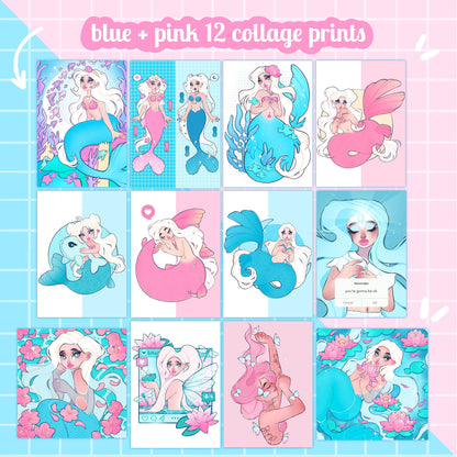 pink and blue collage prints 12 pack wall art prints