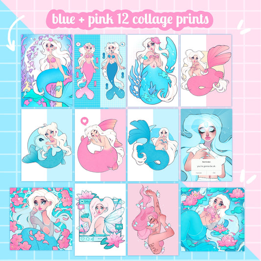 pink and blue collage prints 12 pack wall art prints