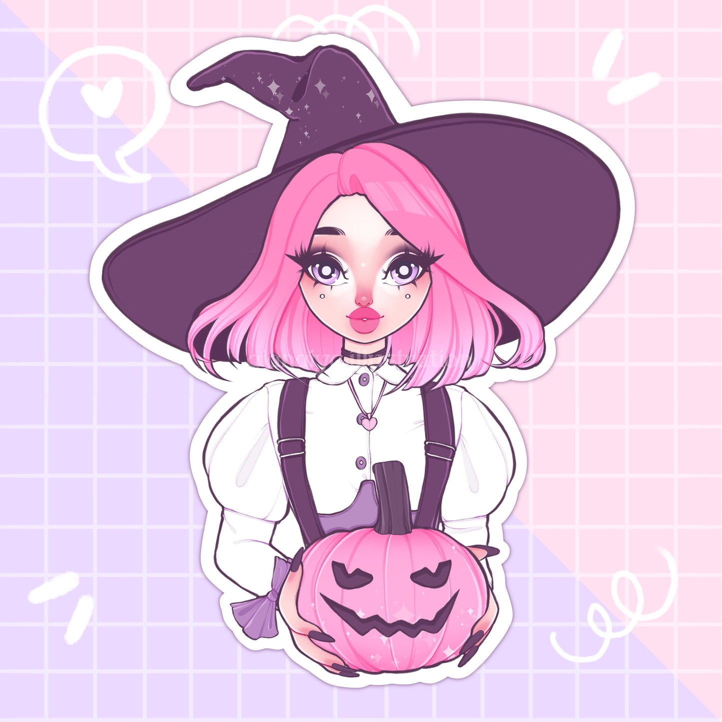 pink halloween witch and pumpkin sticker