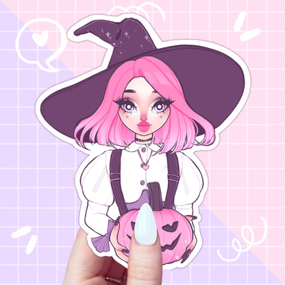 pink halloween witch and pumpkin sticker