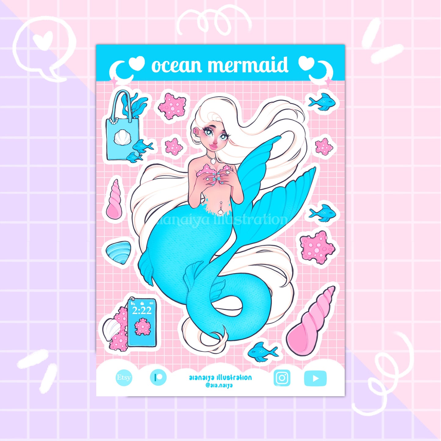 ocean mermaid pink vinyl sticker sheet