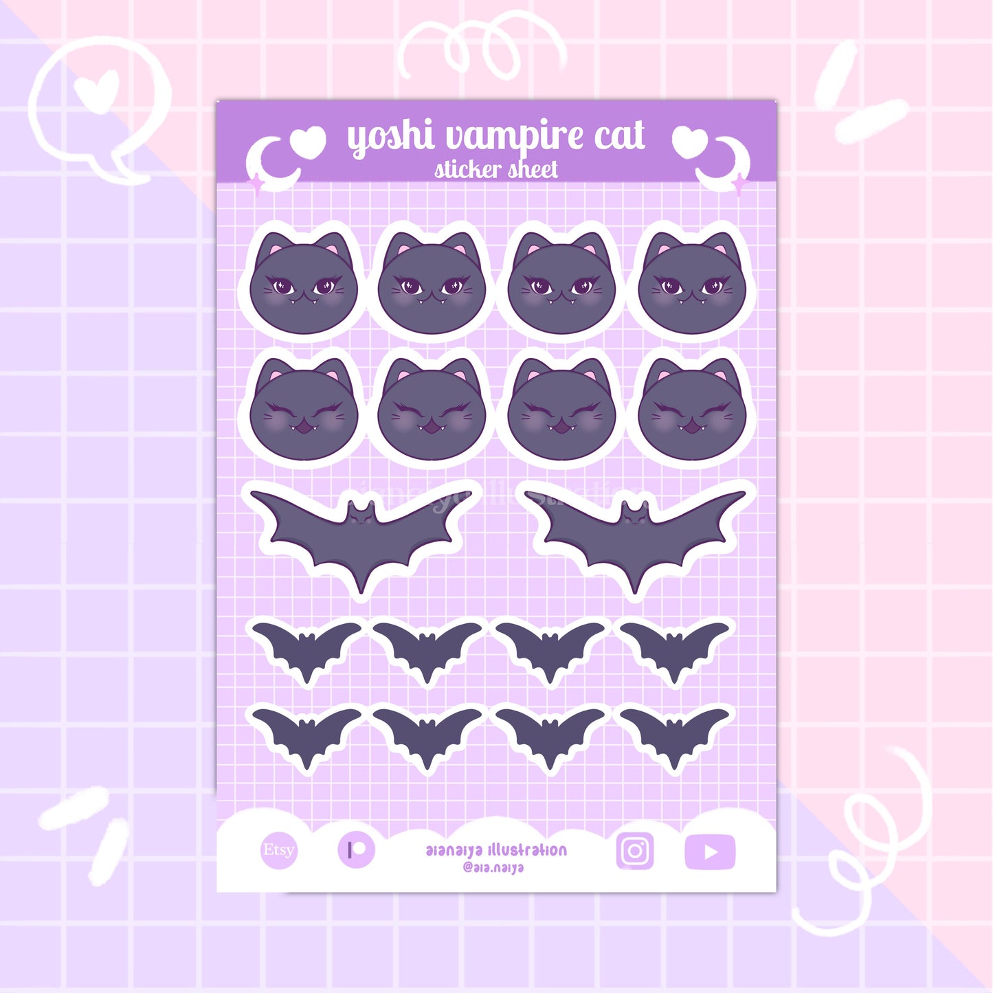 yoshi the vampire cat bat paper sticker sheet